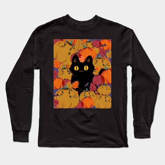 Cat in pumpkin field Long Sleeve T-Shirt by SkyisBright